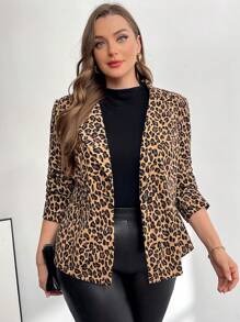 SHEIN Essnce Plus Size Women's Fall Women Dresses Formal Women Dresses Business Casual Women Elegant Women Dresses Business Casual Fashion Casual Commuting Elegant Leopard Print Long Sleeve Fitted Blazer