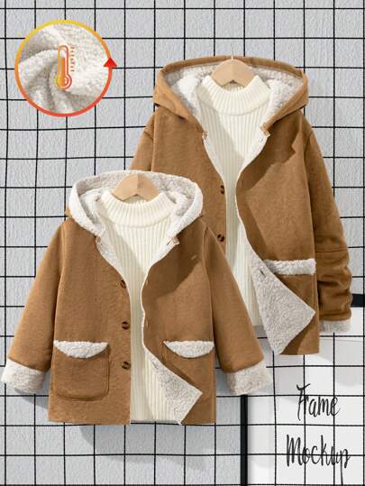Tween Boy Hooded Fleece Jacket, Thickened Double-Sided Fleece Warm Outer Wear For Autumn & Winter, Thermal Lined, Windproof, Sportswear, Brown Color, Fashion Outfit