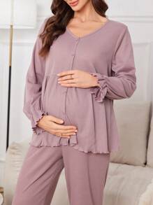 Moonlight&Mama Solid Color Loose Flared Sleeve Open Front V-Neck Maternity Lounge Suit , Cozy And Elegant Details, Clothes Outfit, Fall & Winter - Dusty Pink - View 4