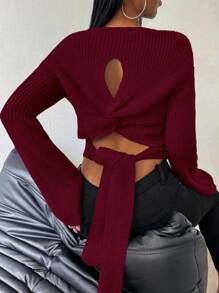 Áo len cổ tròn tay dài thiết kế thắt nút màu trơn dành cho nữ - Màu Đỏ Sâu - Xem 4
