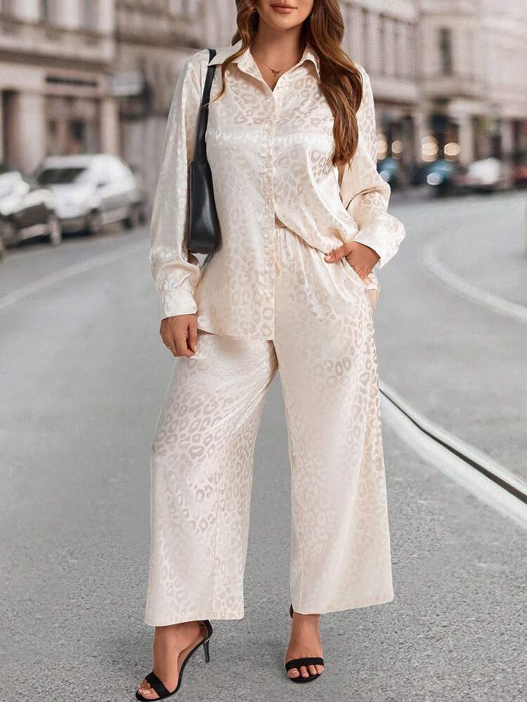 Plus Size Winter Women Long Sleeve Leopard Pattern Jacquard Shirt And Long Pants 2 Pieces Set, Casual, Elegant Women's Clothing