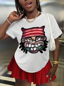 SHEIN Camiseta de manga corta ancha y casual para mujer con estampado de dibujos animados, blusas de verano con gráficos para mujer