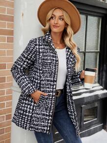 EMERY ROSE Manteau matelassé à col roulé, imprimé à carreaux en faux tweed pour femmes, pour l'automne/l'hiver - Noir et Blanc - Voir 3