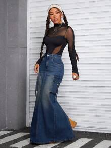 SHEIN ICON Retro Style Women's Casual Denim Skirt With Asymmetric Fishtail Hem - Dark Wash - View 5