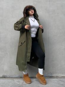 Flirla Plus Size Frayed Hem Button-Up Long Sleeve Jacket With Ribbed Cuffs