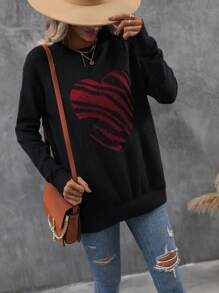 SHEIN LUNE 心形条纹图案长袖复古休闲女式毛衣，秋冬 - 彩色 - 查看 4