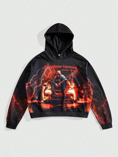 Street Life Sudadera casual holgada con capucha de manga larga con estampado de lemas y figuras para hombre en otoño