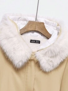 SHEIN EZwear Women New Solid Color Fluffy Patchwork Thermal Lined Hooded Short Padded Coat For Winter - Khaki - View 8