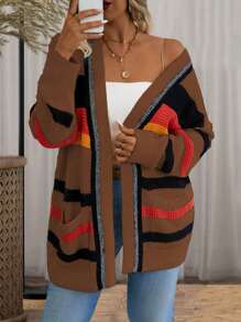 Calvaya Plus Size Women Striped Drop Shoulder Long Sleeve Pocket Casual Cardigan, Autumn/Winter