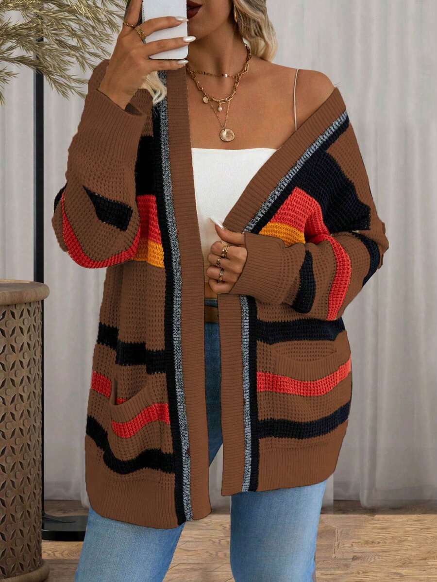 Calvaya Plus Size Women Striped Drop Shoulder Long Sleeve Pocket Casual Cardigan, Autumn/Winter