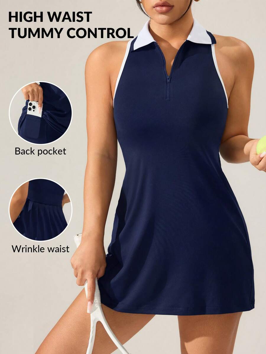 Easithlete Đầm tennis thể thao mini hở lưng màu tương phản tối giản cho nữ - Màu xanh hải quân - Xem 1