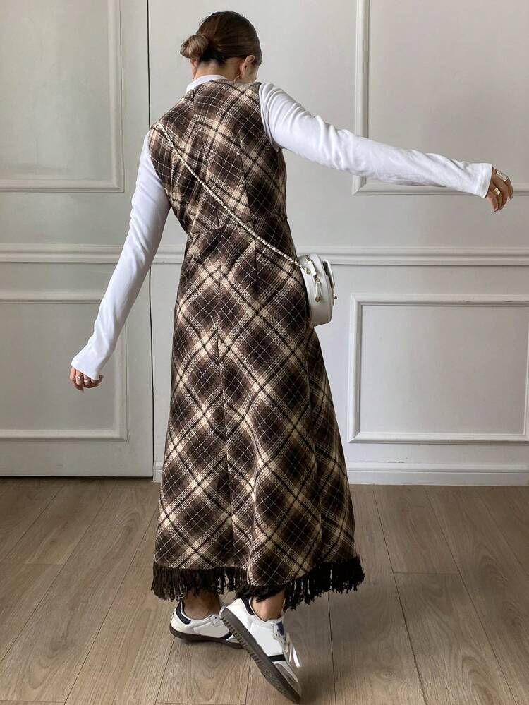 Plaid Fitted Round Neck Sleeveless Asymmetric Tassel Midi Dress,Fall Clothes