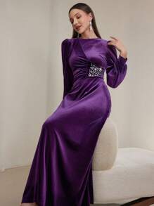 Modelyn Women Round Neck Long Sleeve Rhinestone Decor Casual Long Arabian Modest Dress Long Evening Dresses