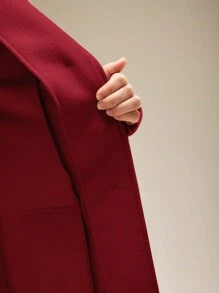 SHEIN Lady 秋冬复古音乐会/音乐节朴素工作办公室休闲优雅波西米亚风休闲郊游棕色编织翻领羊腿袖金色纽扣新品合身长袖女式大衣 - 酒紅色 - 查看 9