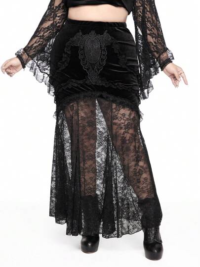 Goth Gothic Christmas Velvet Lace Mermaid Bodycon Maxi Skirt For Plus Size Women