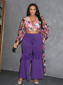 Slaydiva Plus Size V-Neck Long Sleeve All-Over Print Top And Pants Casual 2 Pieces Set - Multicolor - View 5