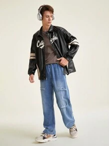 青少年男孩休闲酷山印花舒适长袖连帽羊毛夹克 - 黑色 - 查看 7