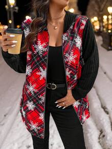 Plus Size Women's Plaid & Snowflake Print Casual Loose Hooded Long Sleeve Jacket, Autumn Fall Cloth For Women - Red - View 5