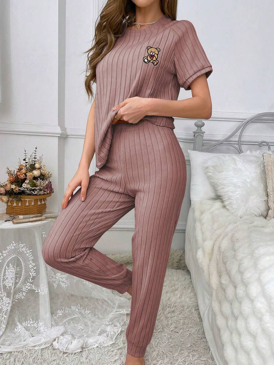 Women's Ribbed Bear Patterned Round Neck Top And Long Pants Set, Home Clothes, Lounge Outfit - Dusty Pink - View 1