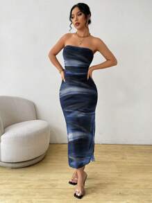 Selianne Đầm Maxi Midi Không Tay In Hoa Tie Dye Xẻ Tà Cho Nữ - Màu xanh hải quân - Xem 5