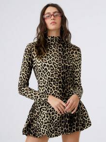 SHEIN EZwear Women's New High Neck Leopard Print Pleated Slim Fit Flower Hem Dress,Perfect For Back To School