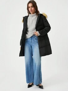 SHEIN EZwear Áo khoác đệm có mũ trùm đầu có khóa kéo viền lông - màu đen - Xem 6