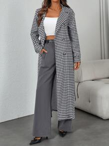 SHEIN Clasi Elegant Commuter Houndstooth Pattern Versatile Women Trench Coat - Black and White - View 6