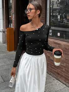 Chiquease 春季不对称肩部长袖T恤，人造珍珠肩部上衣 - 黑色 - 查看 7