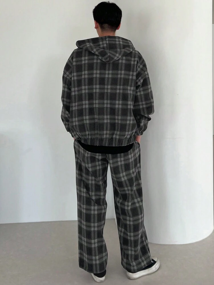 Men's Plaid Print Hooded Zipper Front Long Sleeve Jacket And Pockets Sweatpants Set,Fall Clothes
