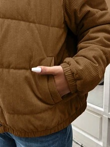 Calvaya Plus Size Solid Color Zipper Winter Clothes Long Sleeve Padded Padded Coat - Mocha Brown - View 5