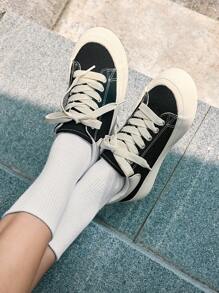 Beok BEIER 简约休闲黑色春夏新款透气百搭帆布运动鞋圆头平底运动滑板鞋女款 - 黑色 - 查看 1