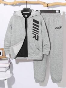 SHEIN Tween Boy Super Affordable Teenage Boys Children Clothing Oversized T-Shirt Basic Shirt Autumn/Winter Sports Zipper Sweatshirt Graphic Sweatshirt Sweatpants T-Shirt 3-Piece Set, Suitable For Commuting, School, Casual, Sporty, Autumn/Winter