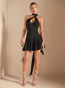 SHEIN BAE Women's Elegant Satin Cocktail Dress With Cutout, Ruffle Trim And Long Ribbons, Suitable For Romantic Dates, Parties, Formal Events, Christmas, And Wedding Guest Dresses, Autumn/Winter