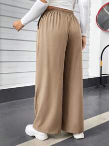 SHEIN Essnce Plus Size Women's Autumn And Winter Casual Comfortable Loose Elastic Waist Khaki Basic Wide-Leg Pants,Fall Women Clothes,Homecoming,Old Money,Going Out Bottoms,Curv Pants,Women Outfits,Fall Pants,Work Wear - Khaki - View 2