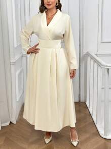 SHEIN Privé Plus Size Women Elegant Office Lady Apricot Shawl Neck Cinched Waist Long Sleeve A-Line Shirt Dress, Suitable For Fall & Winter