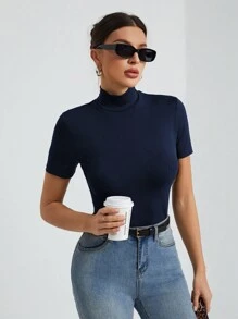 SHEIN Tall Women's Solid Color Basic Black Turtleneck Short-Sleeved T-Shirt - Navy Blue - View 7