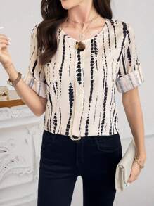 SHEIN Clasi Ladies Geometric Pattern Decorative Button Round Collar Blouse, Elegant For Work & Outings In Fall/Winter