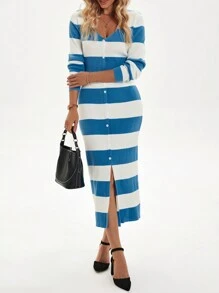 Calvaya Vestido elegante de manga larga con cuello en U y diseño oversize, unicolor, para otoño