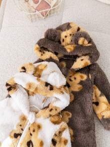 SHEIN Set de 2 piezas de Pelele con capucha estampado de osito de peluche suave y lindo para bebé recién nacido niño/niña, adecuado para uso en interiores y exteriores en otoño e invierno