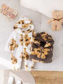 SHEIN Set de 2 piezas de Pelele con capucha estampado de osito de peluche suave y lindo para bebé recién nacido niño/niña, adecuado para uso en interiores y exteriores en otoño e invierno