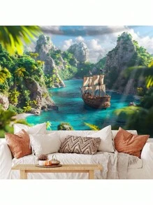 1 tấm thảm treo tường trang trí hình thuyền buồm, dùng để trang trí tường phòng, trang trí nhà cửa - Nhiều màu - Xem 1