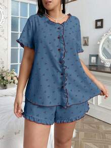 CottageSlumber Plus Size Cherry Printed Pajama Sleepwear Set With Frill-Edged Open Front And Round Neckline - Blue - View 5