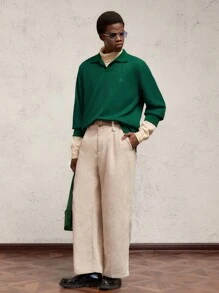 AKNOTIC Business Casual Áo thun polo dệt kim dáng rộng, vai trễ, thêu chữ dành cho nam, dáng thường ngày cho mùa thu, dịp Giáng sinh - Màu xanh lá cây đậm - Xem 6