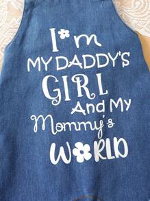 Baby Girls Casual Letter Print Washed Blue Denim Jumpsuit With Frayed Shoulder Straps, All-Match Style, Autumn/Winter 2024 New Arrival - Blue - View 6