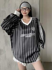 DAZY Women's Striped Casual Long Sleeve Letter Print Simple T-Shirt