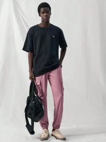 Manfinity VCAY 男士梭织休闲宽松松紧腰卷边裤，时尚日常穿着 - 粉色 - 查看 3