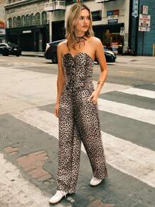 Easelle Women's Sleeveless Front Button Leopard Print Tube Top And Pants Casual Outfit - Multicolor - View 3