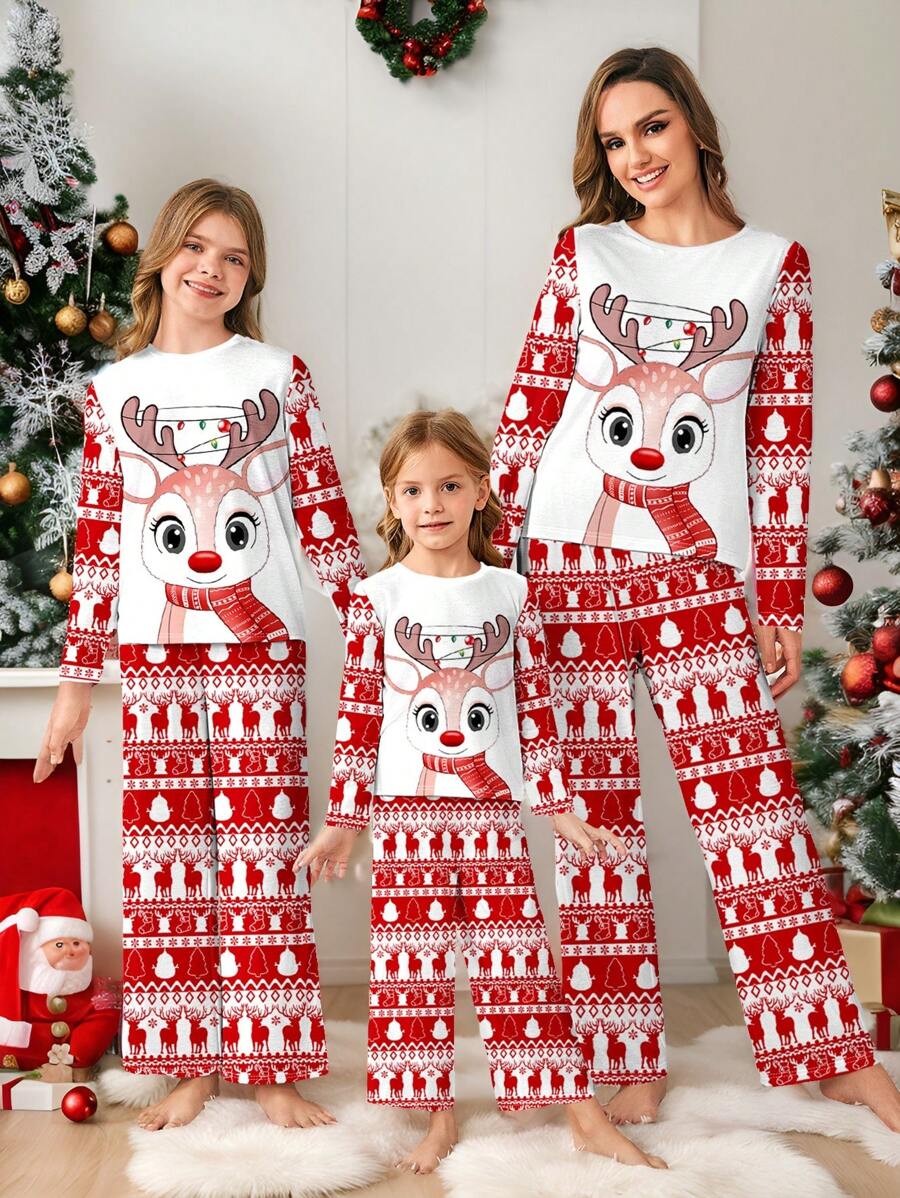 SHEIN Essnce 圣诞睡衣，圣诞节家庭圣诞节，配套睡衣，睡衣派对，睡衣派对，家庭配套，2 件套女士休闲简约全印花长袖上衣和裤子 - 彩色 - 查看 1