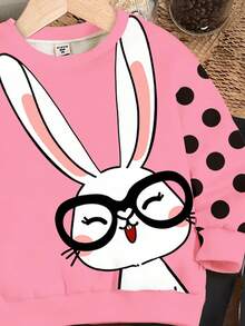 SHEIN 2 件装少女休闲兔子波尔卡圆点印花圆领长袖连帽衫和紧身裤套装，百搭外出，适合秋冬季 - 彩色 - 查看 3