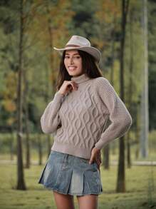 LanaWest Women Casual Diamond Pattern Knit Pullover Sweater With High Collar Knit Pullover Fall Winter Outfit - Khaki - View 4